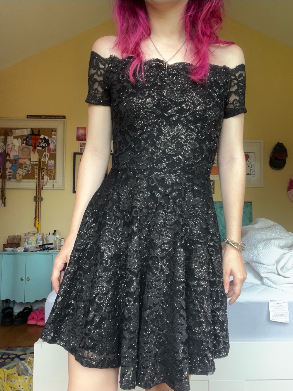 Windsor Black Sparkly Lace Skater Dress